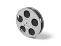 3d rendering of a single movie reel with steel casing on a white background.