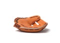 3d rendering of a single orange baseball mitt lying on a white background in side view.