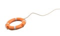 3d rendering of a single orange life buoy on a white background hanging from a long rope in motion. Royalty Free Stock Photo