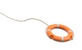 3d rendering of a single orange life buoy on a white background hanging from a long rope in motion. Royalty Free Stock Photo