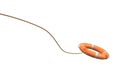 3d rendering of a single orange life buoy on a white background hanging from a long rope in motion. Royalty Free Stock Photo