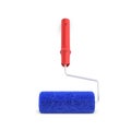 3d rendering of a single paint roller in blue and red color leaning on a white wall.