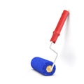 3d rendering of a single paint roller in blue and red color leaning on a white wall.