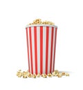 3d rendering of a single small popcorn bucket in red and white stripes with popcorn overflowing of it.