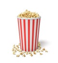 3d rendering of a single small popcorn bucket in red and white stripes with popcorn overflowing of it.