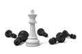 3d rendering of a single standing white chess king piece among many fallen black pawns. Royalty Free Stock Photo