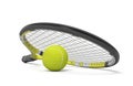 3d rendering a single tennis racquet lying with a yellow ball on white background.