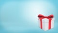 3d rendering of a single white gift box stands with a closed lid and tied with a red bow on a blue backgrounds.