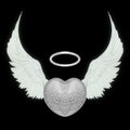 3D Rendering of a Siver Heart with Angel Wings Isolated on Black