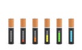 3d rendering of six AAA type batteries with charge indicators in different stages of energy levels. Royalty Free Stock Photo