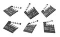 3d rendering of six black movie clapperboards with empty lines for the title and the creators of a movie.