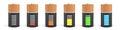 3d rendering of six D type batteries with charge indicators in different stages of energy levels. Royalty Free Stock Photo