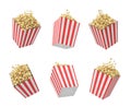 3d rendering of six striped pop corn tubs hanging on white background.