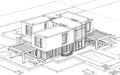 3d rendering sketch of modern house black line on white backgrou