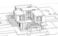 3d rendering sketch of modern house black line on white backgrou