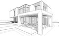 3d rendering sketch of modern house black line on white background