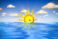 3d rendering of sleepy sun rises in the middle of the sea