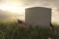 3d rendering of small American flags standing in front of tomb stone at the peaceful flower meadow to remember the memorial day Royalty Free Stock Photo