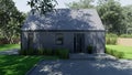 3d rendering of a small barn-style house. Modern house with retractable roof.