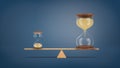3d rendering of a small hourglass balances on a seesaw against a large hourglass in a perfect balance.