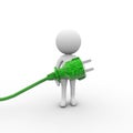 3d rendering of a small human holding in hands a green power cable Royalty Free Stock Photo