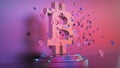 3D rendering of small icons surrounding a shiny bitcoin trophy isolated on purple background