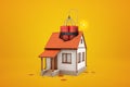 3d rendering of small one-storey house with broken roof and enormous bundle of dynamite sticking out of hole on amber