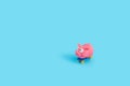 3d rendering of a small piggy bank on the skateboard on a blue background.