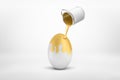 3d rendering of small silver paint bucket turned upside down with golden paint pouring on big white egg isolated on Royalty Free Stock Photo