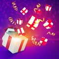 3d rendering of small white gift boxes with red ribbons flying out of big gift box on neon blue background Royalty Free Stock Photo