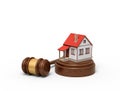 3d rendering of small white house with red roof on round wooden block and brown wooden gavel Royalty Free Stock Photo