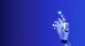 3d rendering smart humanoid robot\'s hand touching finger on square pixel on virtual digital network screen.
