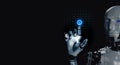 3d rendering smart humanoid robot touching finger on glowing virtual digital button on network screen.
