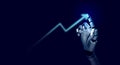 3d rendering smart robot\'s hand draws rising futuristic arrow on blue background.