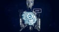 3d rendering smart robot showing glow AI management icon surrounded with digital chatbot speech on digital world map.