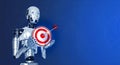 3d rendering smart robot showing virtual red business target icon, holding by hands with digital data on blue background.