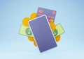 3D Rendering Smartphone with Money and Credit Card