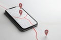 This is a 3D rendering of a smartphone showing a navigation path on a wavy road.