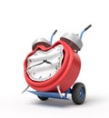 3d rendering of smashed broken alarm clock on a hand truck