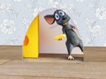 3D rendering of a smiling cartoon mouse looking out from a hole