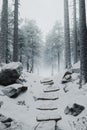 snow covered forest path with snowy tree trunks Royalty Free Stock Photo