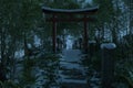 3d rendering of a snow covered natural path in front of torii gate and stone lantern at night. Concept ancient Japanese Shrine