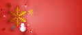 3D Rendering of Snow flakes and snowman gifts on red background. There is a place to put text or products. Christmas Concept