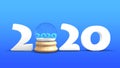 3D rendering of a snow globe on a blue background with the date of 2020 new year and falling snow. Composition for New Year and Royalty Free Stock Photo