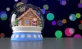 3D rendering. Snow globe with gingerbread house, Santa Claus and Christmas trees inside. Falling snow. Multicolored Royalty Free Stock Photo