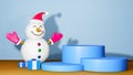 3D Rendering of Snow man Blue podium And gift box symbol of christmas Represents a happy day. clip art isolated on blue