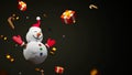 3D Rendering of Snow man of christmas and red gift Represents a happy day. clip art isolated on dark and golden ribbon background Royalty Free Stock Photo