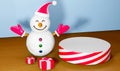 3D Rendering of Snow man white and red podium And gift box symbol of christmas Represents a happy day. clip art isolated on blue