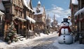 3D rendering of a snowman in front of a snowy Christmas town.
