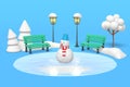 3d rendering a snowman stands on a frozen lake, ice rink in a winter park. Benches and trees illuminated by vintage lanterns